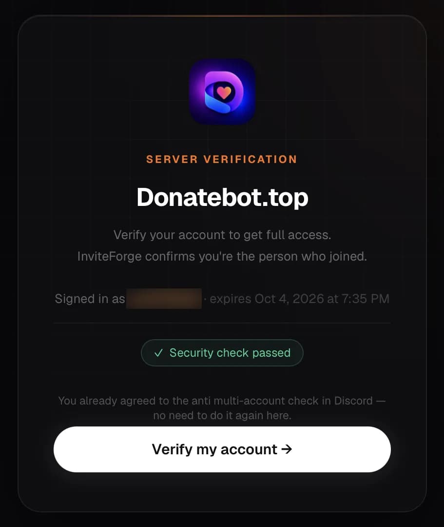 InviteForge member verification page showing the server icon and name, a passed security check, and a Verify my account button